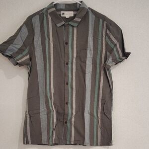Aeropostale Vertical Stripe Short-Sleeve Button-Up in Olive, Gray & Teal